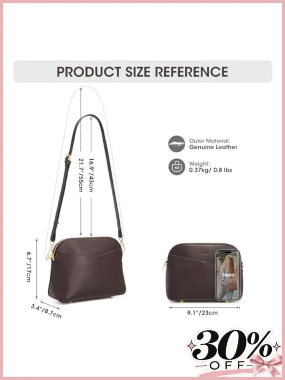 Genuine Leather Crossbody Bag Adjustable Strap Zip Purse Travel